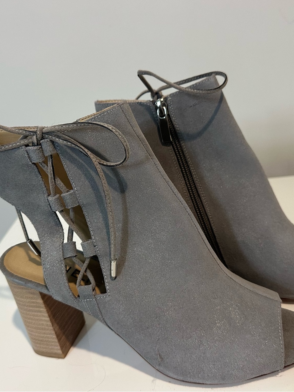 Gray Suede Peep-Toe Lace-Up Block Heel Booties - Women size 9.5